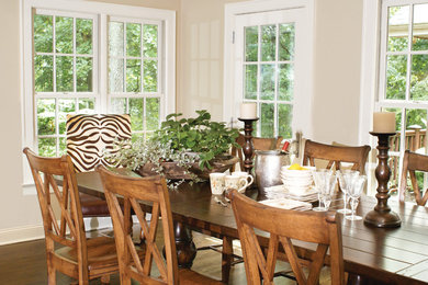 Mid-sized transitional dark wood floor kitchen/dining room combo photo in New York with beige walls and no fireplace