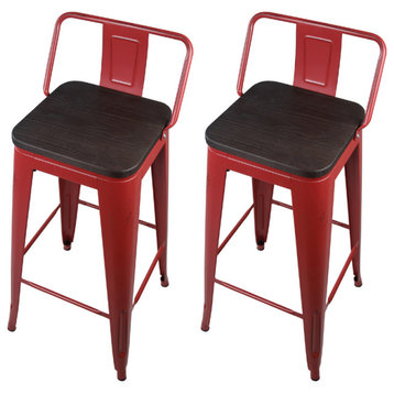 Metal Red Bar Stools With Lowback Wooden Seat, Set of 2