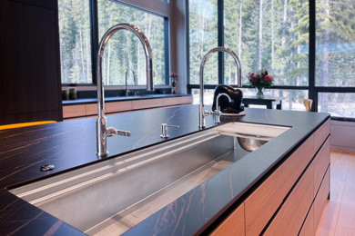 Example of a huge minimalist galley light wood floor and brown floor eat-in kitchen design with a single-bowl sink, flat-panel cabinets, light wood cabinets, quartz countertops, black backsplash, quartz backsplash, an island and black countertops