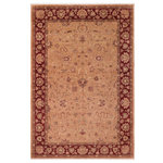 Bareens Designer Rugs - Classic Ziegler Kathyrn Tan Red Hand-Knotted Wool Rug - 5'11'' x 8'11'' - Enhance the ambiance of your home with this magnificent Persian-influenced Turkish hand-knotted rug made by skilled artisans capable of creating the most exceptional vegetable dyes and hand-spun wool. This exquisite handmade rug is a one-of-a-kind Peshawar Kafkaz, otherwise identified as Chobi, Chobi Peshawar, Oushak, or Ziegler rug. These handmade rugs are crafted in Pakistan utilizing superior-quality wool imported from Australia, New Zealand, and Korea in two types of weaves: the Persian weave and the Mori weave. This rug is meticulously crafted by hand using the finest natural vegetable dyes extracted from local plants. The artisans use a blend of hand-spun local and fine merino wool, resulting in a rug with a compelling texture, higher lanolin content, and longer staple. The artisans occasionally incorporate natural or artificial silk into the pile to enhance specific motifs. The finished product is an awe-inspiring execution of flawless design and an understated palette that exudes elegance.