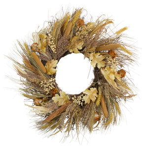 24" Autumn Harvest Cattail and Wheat Artificial Thanksgiving Wreath, Unlit