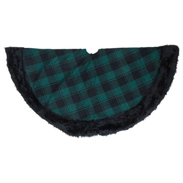 48" Green and Black Plaid Christmas Tree Skirt with Faux Fur