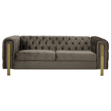 Giovanna Modern Glam Tufted Velvet 3 Seater Sofa, Grey + Gold Baking Finish