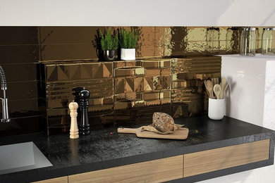 Example of a mid-sized galley light wood floor and beige floor enclosed kitchen design in Austin with a farmhouse sink, open cabinets, black cabinets, concrete countertops, metallic backsplash, ceramic backsplash, stainless steel appliances and no island
