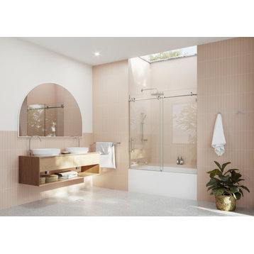 52-56"x60" Frameless Bath Tub Sliding Shower Door, Brushed Nickel