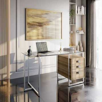 Contemporary Desk, Metal Legs With 3 Side Drawers & Rectangular Glass Top, Oak