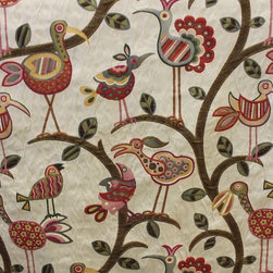 Beautiful tropical birds in bright colors on an off white jacquard. - Upholstery Fabric