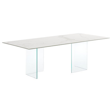 Miami Dining Table With Clear Base and White Marbled Porcelain Top