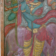 Mogulinterior - Consigned Vintage Krishna with Cow- Fluting Enjoying Melody Barn door Wall Panel - Wall Accents
