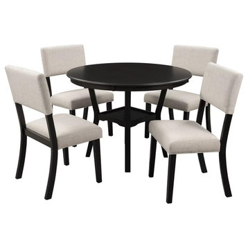 Contemporary Dining Set, Round Table & 4 Chairs With Polyester Seat, Espresso