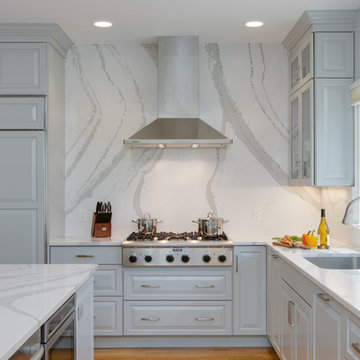 Gray Transitional Kitchen With Full-Height Backsplash