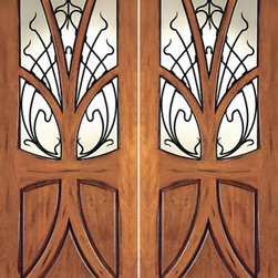 AN-2007-2 Mahogany Tree Lite Hand Carved Art Nouveau Double Door Forged Iron - Windows And Doors
