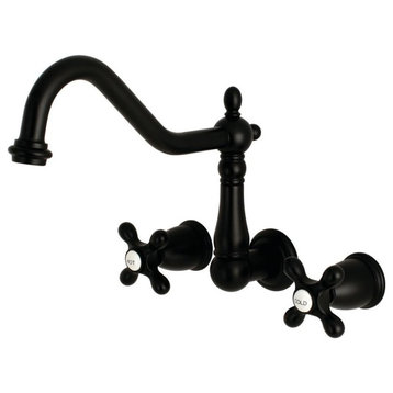 Wall Mounted Kitchen Faucet, Large Spout & Crossed Handles, Matte Black