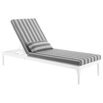 Comfortable Patio Chaise Lounge, White Painted Frame & Padded Seat, Striped Gray