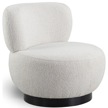 Calais Boucle Fabric Upholstered Accent Chair, Cream, Black Oak Veneer Base