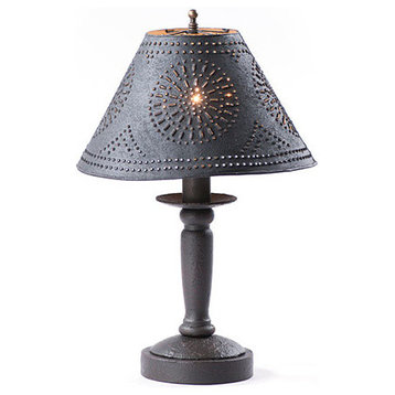 Handcrafted Wood Butchers Table Lamp With Punched Tin Shade, Black