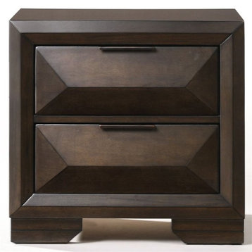 Contemporary Nightstand, 2 Drawers With Unique Geometric Beveled Front, Espresso