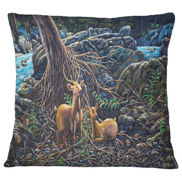 Deer in Forest Landscape Painting Throw Pillow, 18"x18"