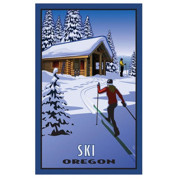 Paul Leighton Ski Oregon Cross Country Skiers & Cabin Art Print, 24"x36"