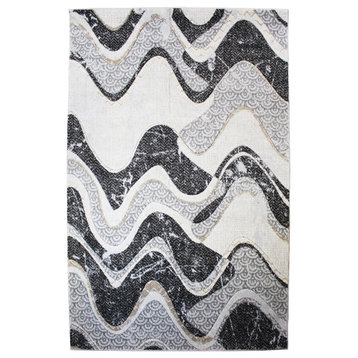 Natural Geo Jasmine Modern Wavy Abstract Gray/Black Area Rug, 4'11"x7'5"