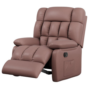 Ergonomic Recliner, Grid Tufted Faux Leather Seat & Side Pockets, Brown