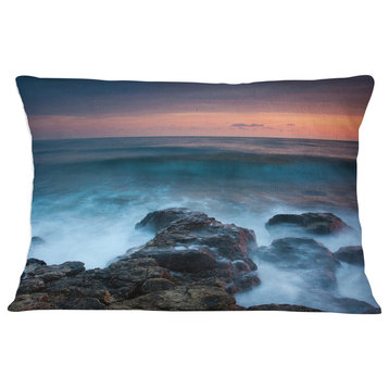 Rocky Beach and White Waves Seashore Throw Pillow, 12"x20"