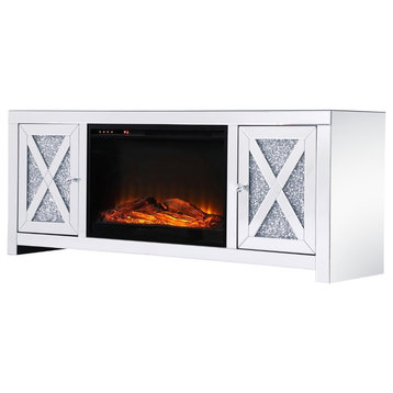 Elegant Decor Modern 59" Clear Silver Mirrored Faux Log Fireplace TV Stand