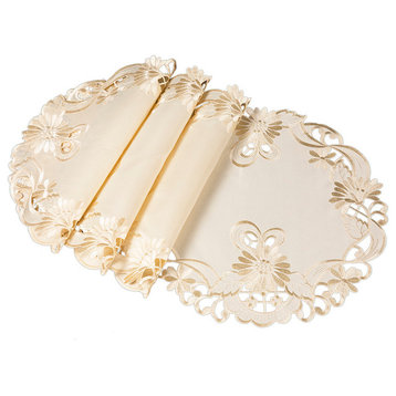 Delicate Daisy Embroidered Cutwork Placemats, Ivory, 15" Round, Set of 4