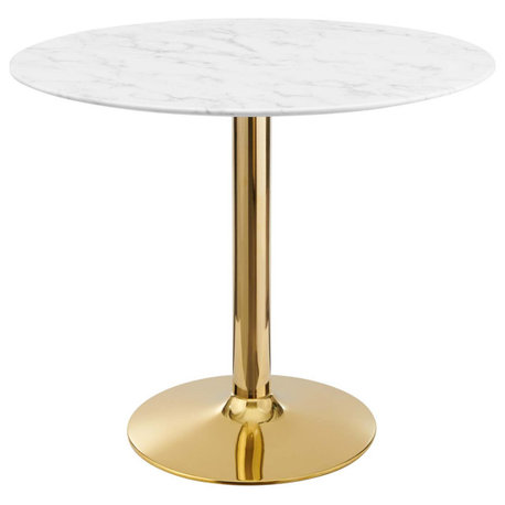 35" Dining Table, Round, White Gold, Artificial Marble, Modern, Mid Century