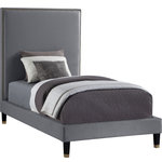 Meridian Furniture - Harlie Velvet Upholstered Bed, Gray, Twin - Give your room an instant boost of drama and style when you add this Harlie bed to the mix. This twin-size bed features a soft grey velvet exterior that's both chic and sleekand just the thing to add modern beauty to your decor. Brass nailheads lend this magnificently crafted bed an elegant vibe, while brass caps on the leg amplify its sophisticated demeanor. An extra-tall design makes sure this Harlie bed gets the bulk of attention in your bedroom.