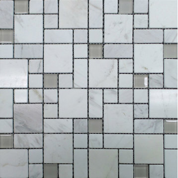 Polished Marble and Frosted Sanded Glass Squares Mosaic Tile, Carrara White