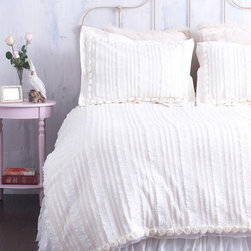 Cream Ruffled Duvet Cover With Rosette Trim - Duvet Covers And Duvet Sets