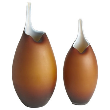 Luxe Frosted Amber Blue Tear Droplet Vase Abstract Brown Sculpture, 2-Piece Set