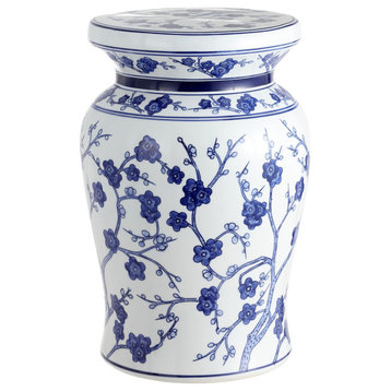 Cherry Blossom 17.7" Ceramic Garden Stool, White and Blue