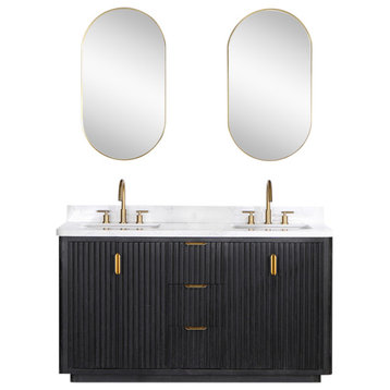 Cadiz Bathroom Vanity with Composite Stone Top, Black, 60", With Mirror