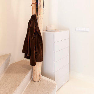 Idéer för en liten eklektisk foajé, med vita väggar, terrazzogolv och en enkeldörr