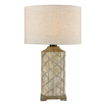 Sloan Outdoor Table Lamp, Brown and Gray With Natural Linen Fabric Shade