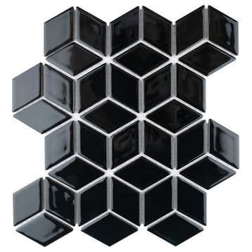 Hudson Rhombus Glossy Black Porcelain Floor and Wall Tile
