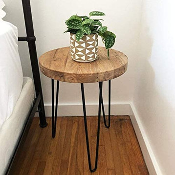 Rustic Wood Round End Table with 3 Metal Leg Stand