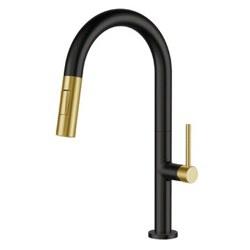 Fine Fixtures Pull Down Single Handle Kitchen Faucet, Black/Satin Brass