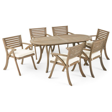 Stephanie Outdoor 6 Seater Acacia Wood Oval Dining Set With Cushions, Gray/Cream