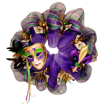 Extra Large Mardi Gras Wreath With Beautiful Mask and  Fleur De Lis 28"