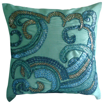 Sequins & Beaded 14"x14" Art Silk Aqua Blue Decorative Pillow Cover, Tides