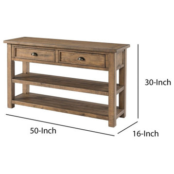 Farmhouse Console Table, Pinewood Top With 2 Storage Drawers, Natural