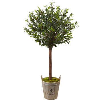 4.5' Olive Topiary Tree With European Barrel Planter, Green