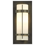 Hubbardton Forge - Banded Outdoor Sconce, Coastal Bronze, GU24/LED - A clean, sleek design that evokes dreams of the Far East is the hallmark of our Banded Collection. True to the collection's name, two handcrafted metal bands, intersected by a bold, vertical bar, encircle the glass and fasten to an aluminum mounting plate.