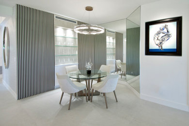 Inspiration for a mid-sized contemporary porcelain tile, gray floor and wood wall great room remodel in Miami with white walls