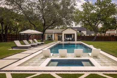 Hot tub - transitional backyard tile and rectangular hot tub idea in Dallas