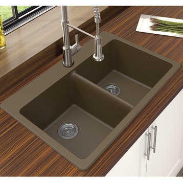 Winpro Dual-Mount Kitchen Sink, Equal Double Bowl, Granite Quartz, 33", Mocha