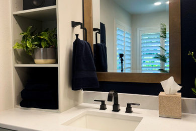 Inspiration for a large master gray tile and subway tile double-sink and green floor bathroom remodel in Dallas with blue cabinets, quartzite countertops, white countertops, a built-in vanity and blue walls